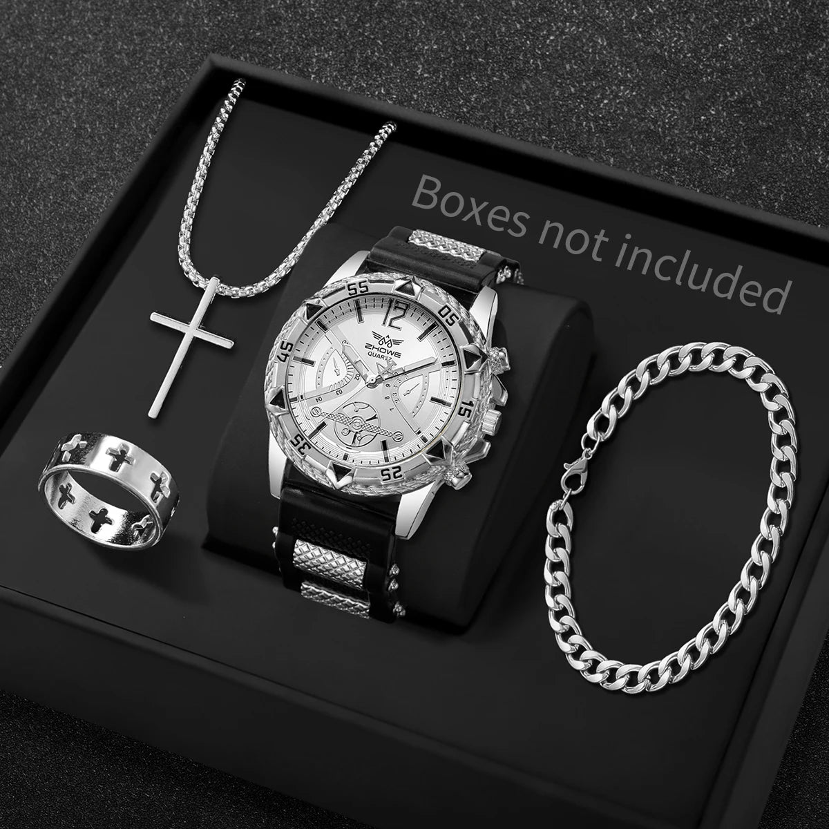 Coffret Montre Homme Quartz + Bracelet + Collier + Bague – Set 4 Pièces Fashion