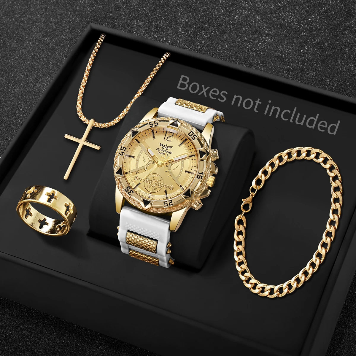 Coffret Montre Homme Quartz + Bracelet + Collier + Bague – Set 4 Pièces Fashion