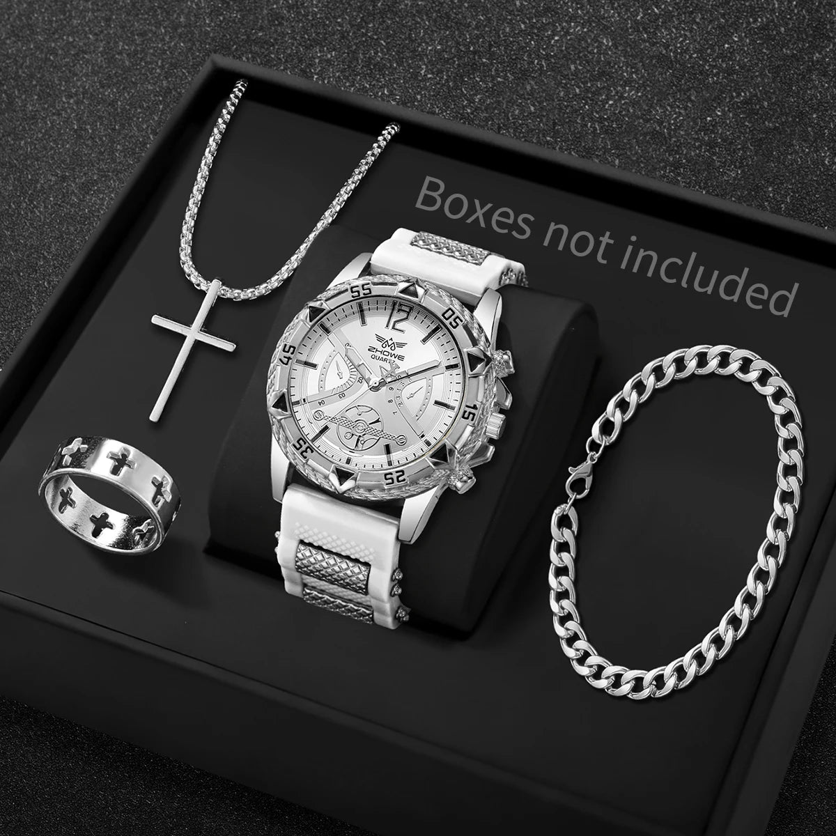 Coffret Montre Homme Quartz + Bracelet + Collier + Bague – Set 4 Pièces Fashion