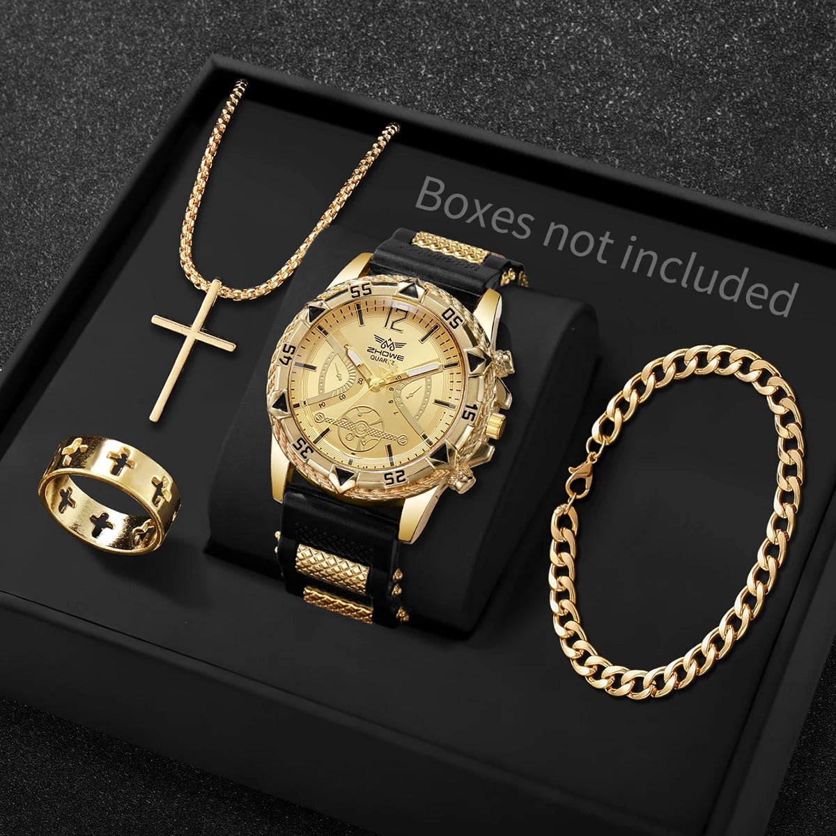 Coffret Montre Homme Quartz + Bracelet + Collier + Bague – Set 4 Pièces Fashion