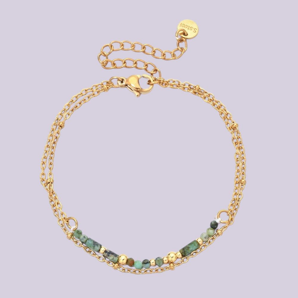 Bracelet NovaPick bohème à double chaîne en acier plaqué or 18K avec perles de pierres naturelles multicolores